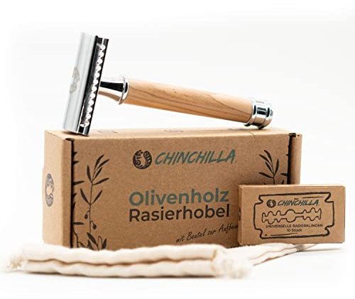 Chinchilla Rasierhobel aus Holz & Metall Zero Waste Rasierer für Damen & Herren Inklusiv 10 Rasierklingen & Aufbewahrungsbeutel Nassrasierer plastikfrei, umweltfreundlich & nachhaltig rasieren