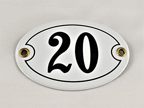 Emaille Hausnummer Schild Nr. 20, oval, Weiß-Schwarz Handarbeit