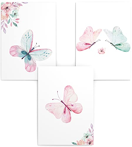 Papierschmiede® Kinderposter 3er Set, DIN A3 (30x42 cm) Wanddeko, Geschenk für Jungen & Mädchen Kinderzimmer Babyzimmer, Schmetterlinge