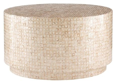 Pemberly Row Maui Capiz Mosaic Coffee Table, 30x30x17, MDF and Capiz Shells, Burnt-Gold and Ivory Lacquer Finish, Round Design, Modern Glam Style for Living Room or Office Spaces