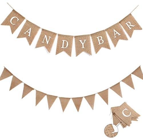 Vintage Candy BAR Girlande banner weiß + jute Wimpelkette outdoor,Candy Bar Dekoration Zubehör Hochzeit Geburtstag, Candy bar Girlande für Hochzeit Party Geburtstag Deko Fotorequisite