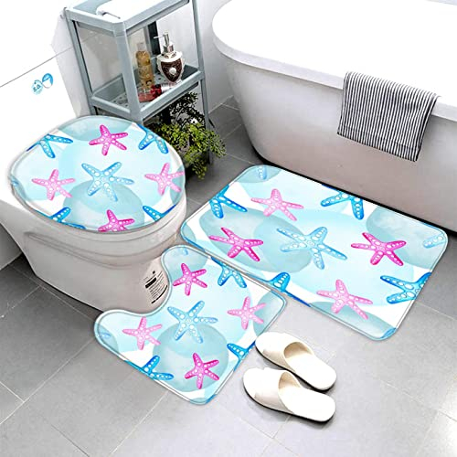 AOLIGL Badematte Aquarellmuster,rosa und Blaue Seesterne Badematten Set rutschfest Waschbar Badgarnitur 3teilig - WC Deckelbezug U-förmigen Contour Badezimmerteppich Matte Flauschige Mikrofaser