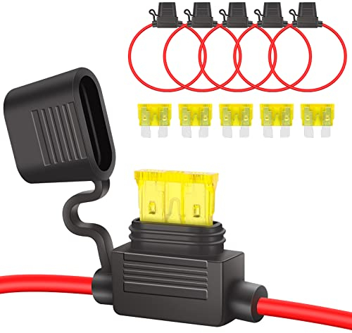 JatilEr Portafusibili in Linea 12v 5 Pezzi, Portafusibili a Lama 14Awg, Portafusibili in Filo di Rame Impermeabile con Fusibile per Auto/Camion/Moto/Barca
