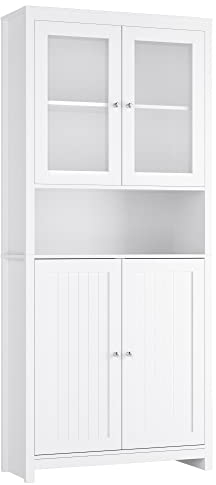FOREHILL 190cm Kitchen Cupboard Display Cabinet Tall Storage Cabinet Living Room Bookcase Larder Cupboard with 2 Glass Doors White Wooden
