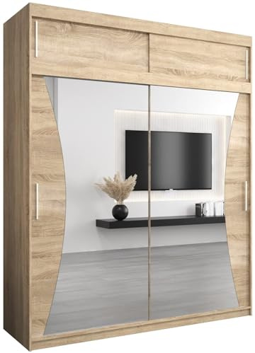 MEBLE KRYSPOL Kleiderschrank mit Spiegel Monaco - Garderobenschrank - Schrank Schlafzimmer - Mehrzweckschrank Zwei Schiebetüren - Regalen - Flur Möbel - Kleiderstange Schrank - Allzweckschrank