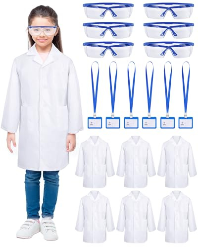 6 Sets 18 Pcs White Kids Lab Coats Bulk Children Girl Doctor Scientist Costume Lab Coat with Goggles Card Holder (Small)
