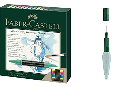 Faber-Castell 160310 Aquarellmarker Albrecht Dürer mit Doppelspitze für flächigen und präzisen Farbauftrag, 10er Etui, bunt & 185105 - Art & Graphic Wassertankpinsel, 1 Stück, medium brush