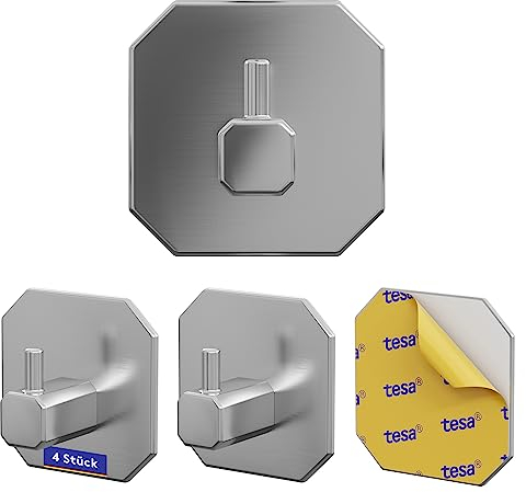 LIEBHEIM Handtuchhaken ohne Bohren - TESA Montage Klebeband für optimalen Halt - Klebehaken Edelstahl - selbstklebend (4X 4.5, 4X Edelstahl gebürstet)
