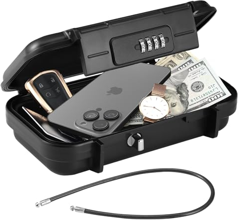 Travel Safe Box with Code, Portable Combination Security Lock Box, Waterproof Mini Travel Safe with Removable Wire Rope, Anti-Theft Security Box for Home, Hotel, Cars,Travel, Beach