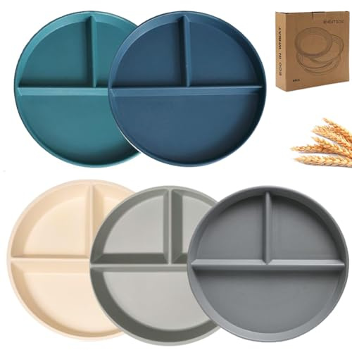 K Y KANGYUN 5 PCS Unbreakable Divided Plates for Adults 9in, Deep Dinner Plates, Divided Design for Picky Eaters,Compartment Plates, Lightweight Reusable Plastic Portion Control Plates