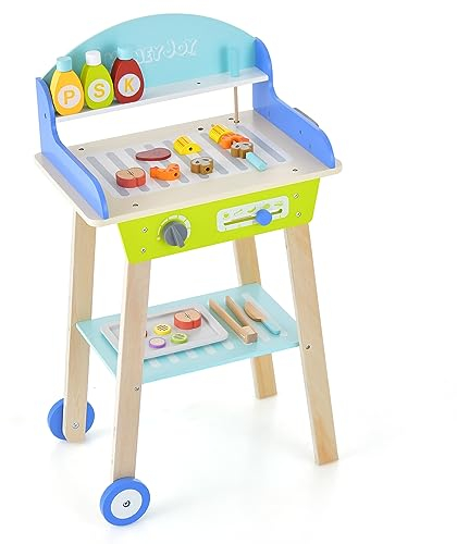 GOPLUS Kinder BBQ Grill Set aus Holz mit 21 TLG. Spielzubehör, Grill Spielzeugset mit Ablage, Griff & 2 Rädern, Küchen-Rollenspielset für Jungen & Mädchen ab 3 Jahren, für drinnen & draußen