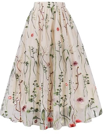 AXOE Damen Tüllrock Midi Lange 3-Lagen A Linie Rockabilly Rock für Sommer Festlich Hochzeit Beige mit Blumen F02, Gr.42-46, XXL