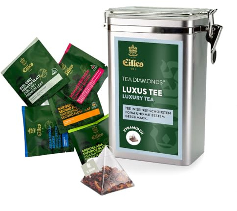 LUXUS TEE Premium Aromadose mit 5 Sorten EILLES Tea Diamonds, 15 Portionen gesamt, wiederverschließbare Dose mit Crystal-Deckel