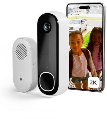 Arlo Essential 2K Videocitofono + Campanello Chime, Telecamera WiFi Esterno Senza Fili, Campanello Senza Fili Da Esterno, Citofono Smart, Sensore Movimento, Sirena, Prova Inclusa Arlo Secure, Bianco