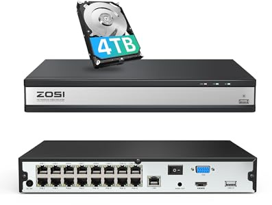 ZOSI 4K PoE NVR with 4TB HDD, 16 Channel PoE Security CCTV Camera System | 16CH Expandable PoE Network Video Recorder Work with our Brand 8MP/5MP/4MP/3MP HD PoE IP Cameras, 24/7 Surveillance Recording