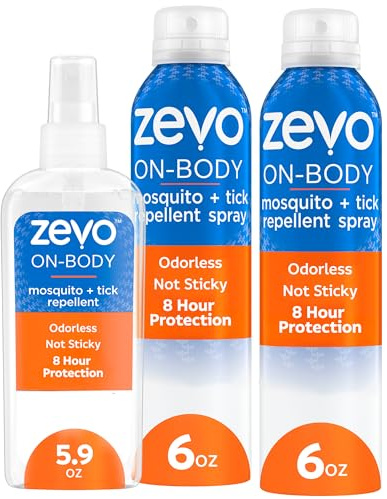 Zevo On-Body Tick & Mosquito Repellent Spray - 8-Hour Insect & Bug Spray - Odorless, Non-Sticky Formula for the Whole Family (1 Pump Bottle & 2 Aerosol Bottles)