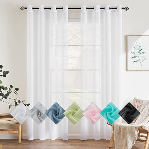 EMEMA Gardinen mit Ösen 2er Set 235cm Lang Weiß Vorhang Voile Vorhänge | Vorhang mit Ösen Transparente Polyester Ösenschal Transparent Wohnzimmer Luftig Dekoschal für Schlafzimmer B140 X H235cm