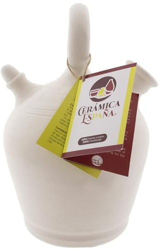 CERÁMICA ESPAÑA | Botijo de barro blanco español | Botijo asa redonda base ancha Modelo A02 | 100% Hecho a mano | 2 litros | ECO