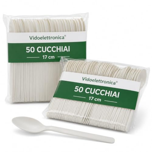 Vidoelettronica® Lot de 100 cuillères compostables blanches 17 cm, 2 x 50 cm, pour restauration (100 cuillères)