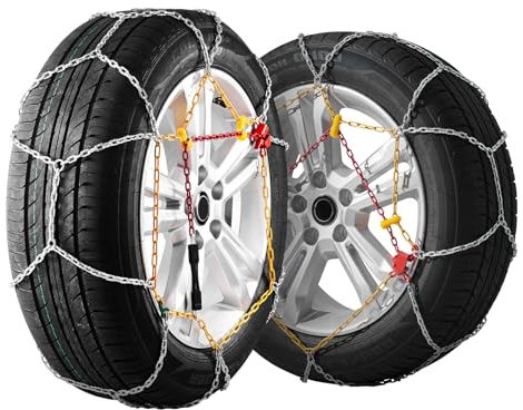 VEVOR Cadenas de Nieve de Tracción de Acero de Aleación de Manganeso para Neumáticos de Automóviles, Camionetas, Todoterrenos y Camiones, Recubierta de Polvo Amarillo, Plata, 1600 x 395 x 9,6 mm