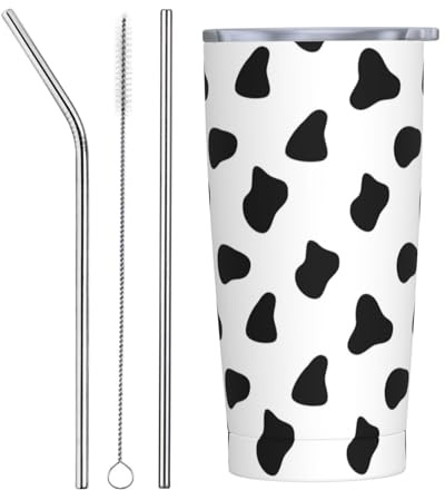 VOSERY Botella de agua de 20 onzas con tapa y popote, vaso aislado de acero inoxidable con estampado de vaca negra y blanca, taza de café de viaje, vaso personalizado