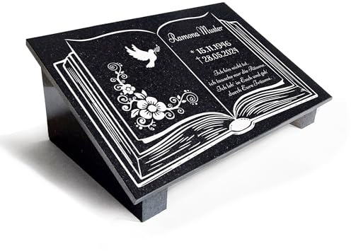 Grabstein aus Granit mit Personalisierung, poliert, gefaste Kanten. Geeignet als Urnengrabstein | Grabplatte | Gedenktafel | Urnenliegestein. Motiv Bibel BI07 (60x30cm mit Stützen)
