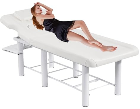 Stationary Massage Table, Adjustable Backrest Hydrotherapy Facial Bed, Heavy Duty Professional Stationary Massage Bed with Palm Rest, for Massages, Cosmetic, Hairdressing, Rehabilitation - White