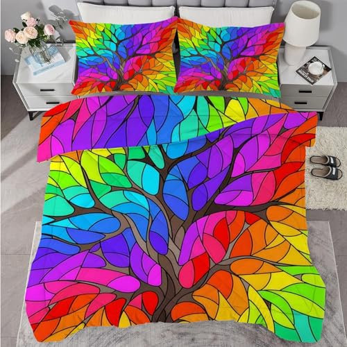 buyluhn Bettdecke 180x220 Bunter Baum, 4 Jahreszeiten Bettdecken Abstrakt Ohne Bezug Nutzbar, Kinder Steppdecke Ganzjahresdecke，Waschbar Bettzeug mit 2 Kissenbezug für Sommer Winter