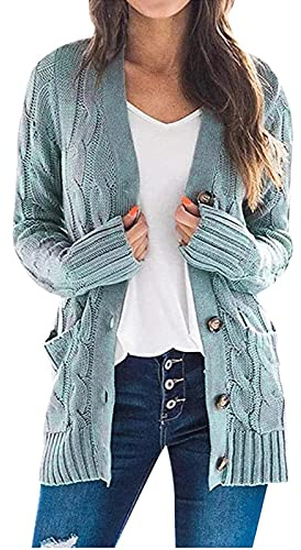 Gilet Long Femme Cardigan Chic Et Elegant Gilet Grosse Maille avec Boutons Cardigan De Poche Devant LéGer Veste Cardigan Pull Basique Automne Et Hiver Bleu Menthe XXL