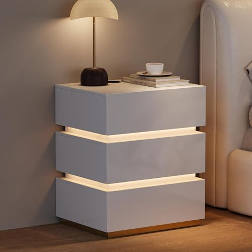 Homary Mesitas de Noche con Estación de Carga Inalámbrica, Mesa de Noche Dormitorio con 3 Cajones, Nochero Mesillas con Luz LED de Madera con Certificación FSC para Cama Blanco (3 Cajones)