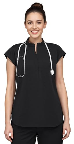 Anwrtuk Scrub Tops for Women, Medical Stand-up Collar Short Sleeve Work Clothing with 2 Pockets for Nurses, Doctors, Assistants, pet Grooming (UK, Alpha, S, Regular, Regular, Black)