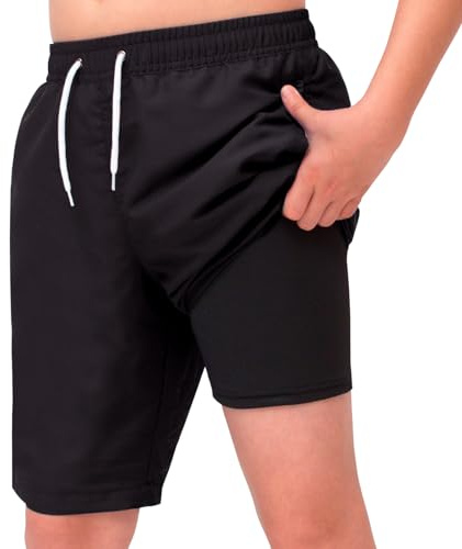 MEILONGER Badbyxor pojkar 2-i-1 badshorts barn snabbtorkande boardshorts badmode simbyxor med kompression innerbyxor justerbar dragsko, 21001+svart, 164