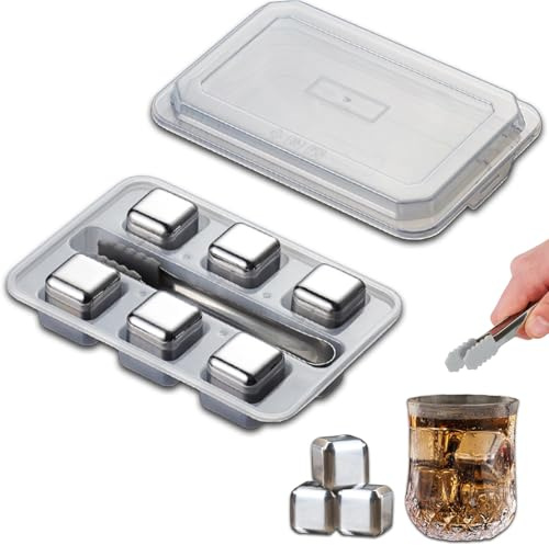 Lot de 6 glaçons réutilisables en acier inoxydable avec pince, accessoires de bar pour whisky, vodka, rhum et tequil, argent (1)