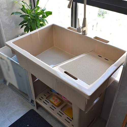 Lavandino Per Biancheria Indipendente In Plastica Con Asse Per Lavato, Lavatoio Da Esterno Autoportante Con Ripiano Portaoggetti, Per Lavanderia Ristorante Campeggio Giardino Garage(Brown,31x22x32in)