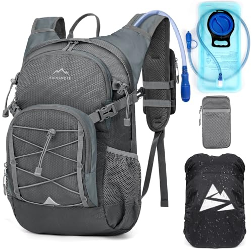 RAINSMORE Sac à Dos D'hydratation avec Vessie d'eau de 2L Sac à Dos Randonnée Moto Sport 18L Homme Femme Léger Isolé avec Housse de Pluie pour Course à Pied Cyclisme l'escalade Trail Running