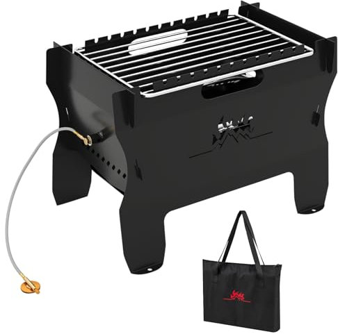 TANGZON 2-in-1 Camping BBQ Grill, Portable Barbecue Gas Fire Pit with Stainless Steel Grate & Carrying Bag, Outdoor Wood Burning Charcoal Grill Tabletop Smoker for Picnic Garden Terrace (Black)