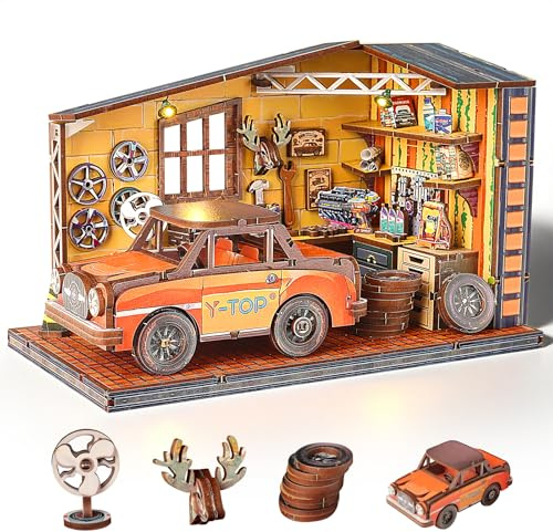Cuteefun DIY Miniatur Haus Puppenhaus mit Licht, für Einfache Montage | Hölzernes Puppenhaus für Anfänger Geeignet, Wohndekoration, Einzigartiges Geschenk zum Geburtstag Weihnachten (Autowerkstatt)