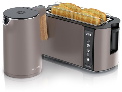 Arendo - Küchen Set - Edelstahl Wasserkocher mit Temperatureinstellung - Edelstahl Toaster Langschlitz 4 Scheiben Touchpanel – LED Display – Brötchenhalter - GS - Taupe