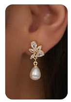 PRTGL Perlen Ohrringe – 14K Vergoldete Hängende Ohrringe mit Zirkonia Akzenten, Elegante Zuchtperle Ohrhänger für Braut Brautschmuck, Hypoallergene Luxuriöse Hängeohrringe für Hochzeit Verlobung