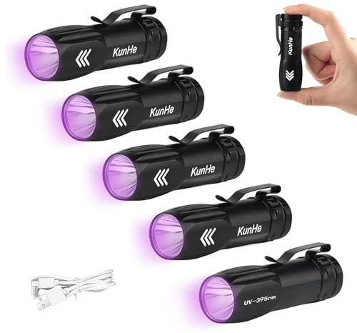 KunHe 5er Set Mini UV Taschenlampe Aufladbar 395nm - 3W LED Schwarzlicht Lampe für Haustierurin Detektor, Hygiene Kontrolle, Bernstein Suche & Harz Aushärten