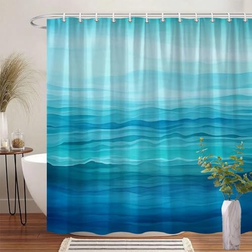 AJALGZ Havsblått duschdraperi med tonad blå och turkos design för badrum (135x165 cm/extra lång)