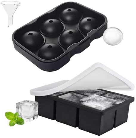 Large Silicone Ice Cube Tray, 2 Pcs Black Square Reusable Ice Tray with Small Funnel and Lid for Freeze, Sphere Ice Ball Moulds for Whiskey Cocktails Cold Drinks