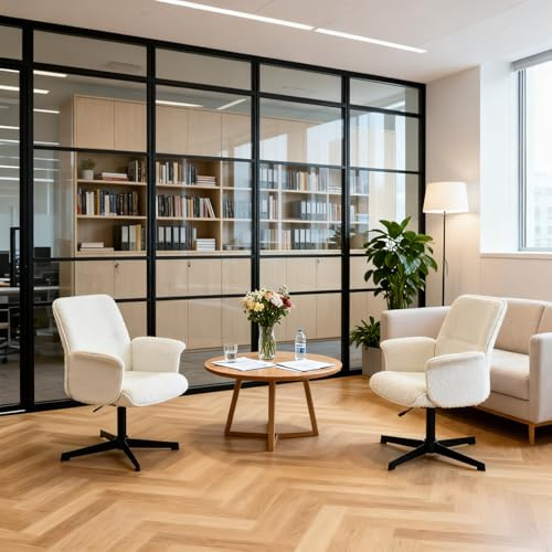 FURNISH 1 Set med 2 moderna vita lockiga besökarstolar med böjd trästruktur, justerbar höjd, 360° vridbara, vadderade armstöd för mötesrum