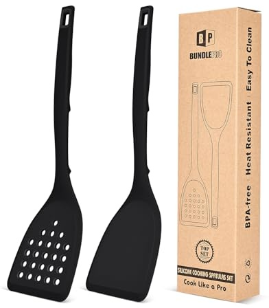 Pack of 2 Silicone Spatula Turner, Non Stick Kitchen Spatulas Set with Back Hooks, Heat Resistant BPA Free Kitchen Utensils, Suitable for Flipping Fish, Eggs, Steak, Pancakes (Black)