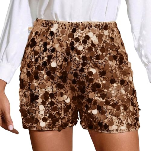 Generisch Pailletten Shorts Damen Hot Pants Hohe Elastische Taille Kurze Glitzer Shorts Pailletten Hose Silber Hotpants Party Outfit Festival Karneval Tanz Performance Kostüm