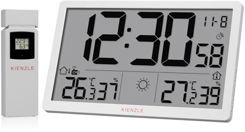 Kienzle Jumbo NEO LCD Wetter Wanduhr weiß mit XXL Display Außensensor | Innen und Außentemperatur, Luftfeuchtigkeit, Wettervorhersage, Luftdruck, DCF Zeit, Wecker, Max Min Speicher, 80 m