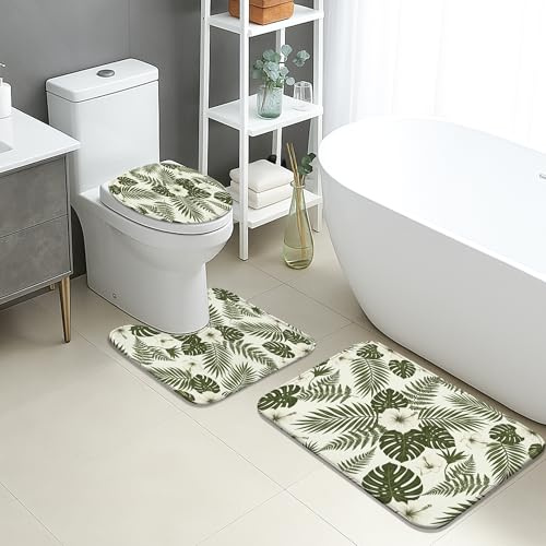 Badematte, tropische grüne Blätter, schnell trocknend, Farn und Monstera, saugfähig, rutschfest, Sommerflanell, waschbar, Badteppiche für Badezimmer, 3-teiliges Set