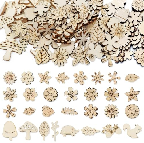 YiiHHooN 250 Piezas Recortes de Flores de Madera, Estilos Mixtos de Flores de Madera para Manualidades, Decoración para Esparcir de Madera sin Tratar para Pintar Tarjetas y Adornos