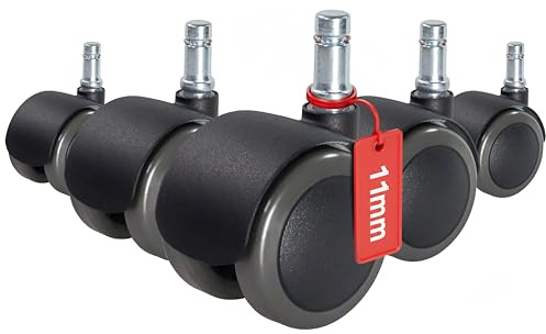 hjh OFFICE 619022 Stol på hjul Svart 5x ROLO FIX 11mm/50mm Hårda golv - 5-pack, Hjul för hårda golv, pressgjuten zink, svartpulverlackerad, bromsar under belastning, Tillverkad i Tyskland