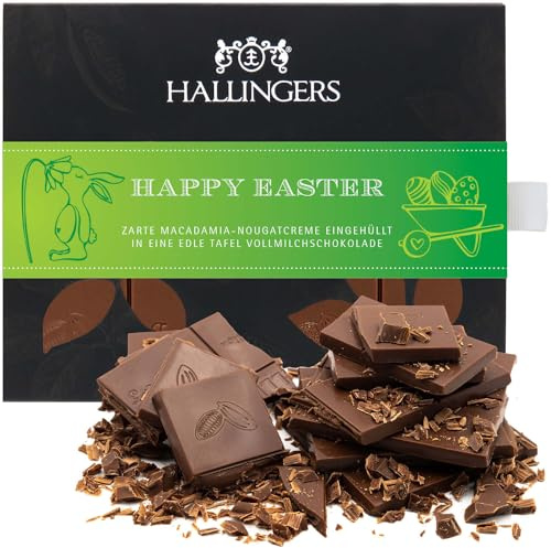 Hallingers Genuss Manufaktur Schokolade Oster-Geschenk - Tafel handgeschöpften Edelkakaos ohne Alkohol edler Karton Happy Easter Macadamia-Nougat, Ostern Körbchen für Frauen Männer